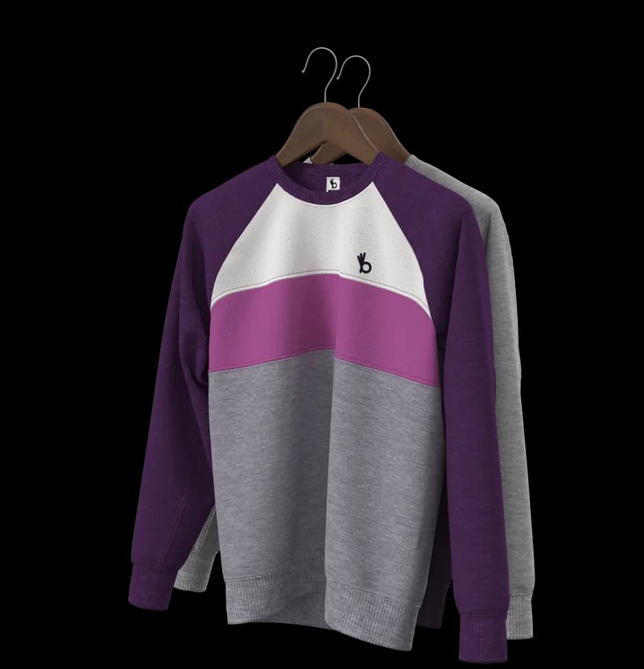 Purple, white, and grey digital BeProduct sweaters on hangers